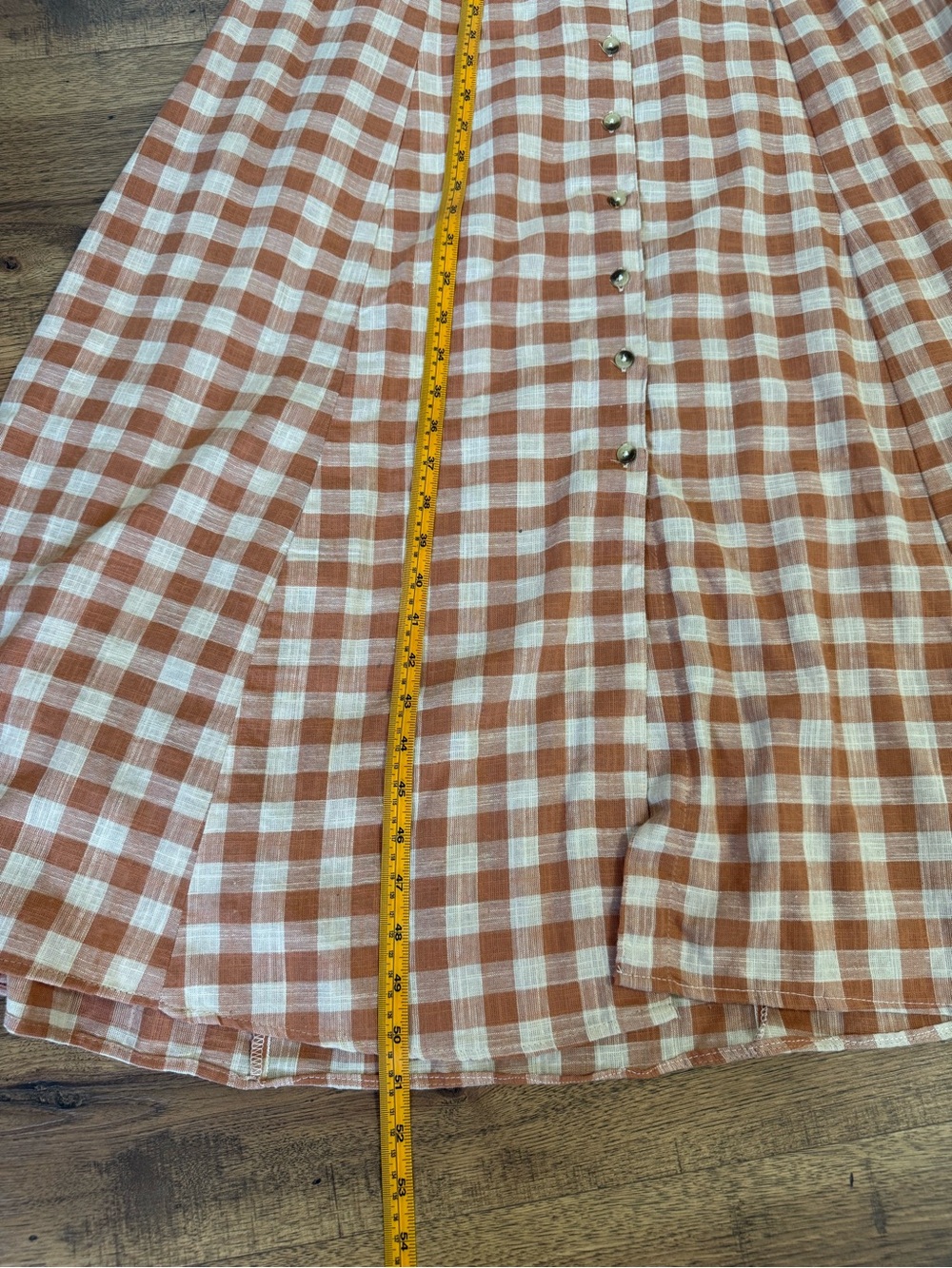 ANGIE  Rust and Cream Plaid Maxi Dress with Front Tie V-Neck Button Cotton M. - Picture 4 of 13